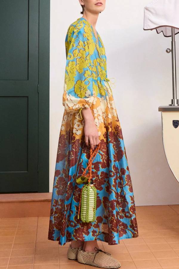 V Neck Gradient Floral Drawstring Long Sleeve Maxi Dress