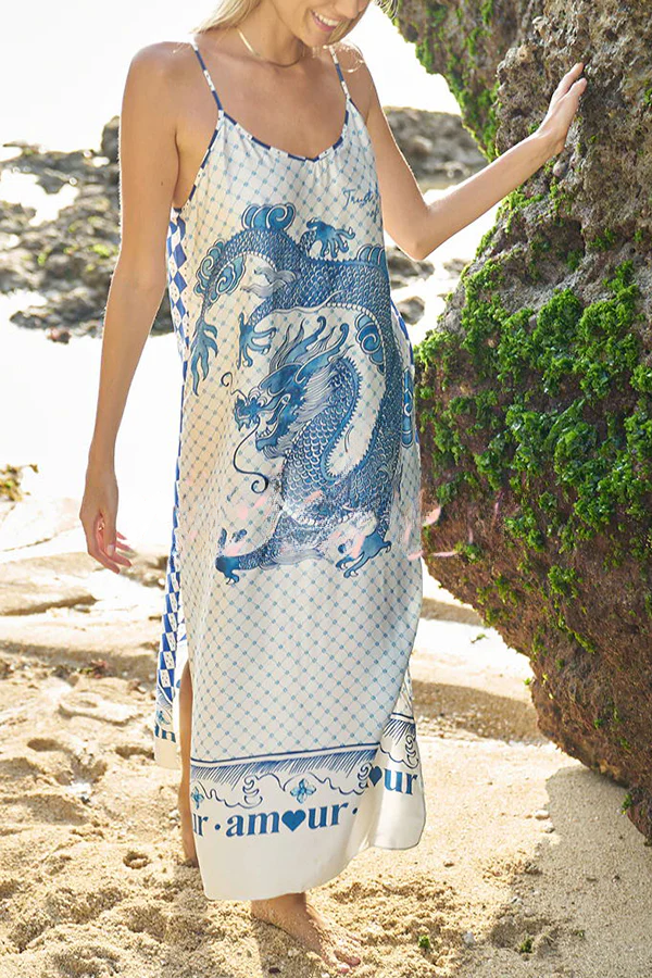 Just Enjoy Satin Unique Dragon Print Slit Loose Slip Midi Dress Blue