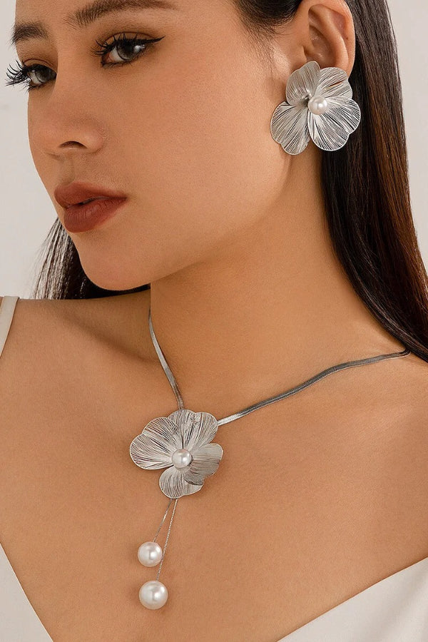 Faux Pearl Decor Oversize Floral Alloy Stud Earrings Silver one size