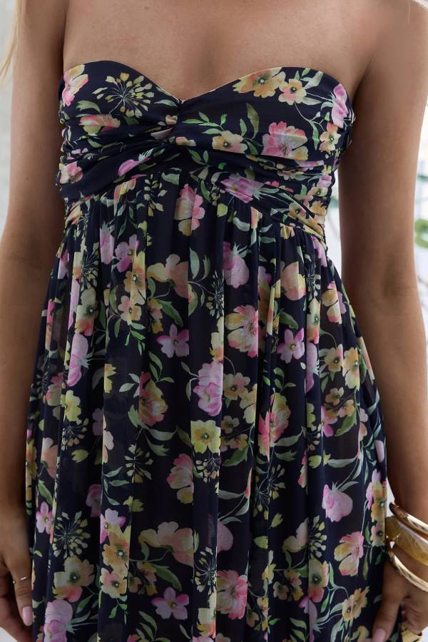 Black Floral Print Strapless Tie-Back Chiffon Maxi Dress