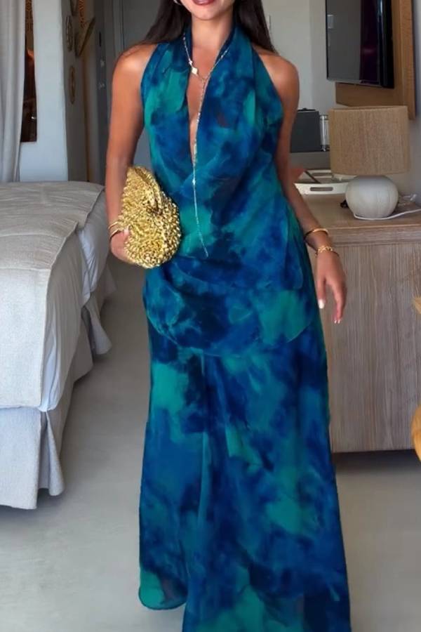 Halter Cowl Neck Tie Dye Maxi Dress