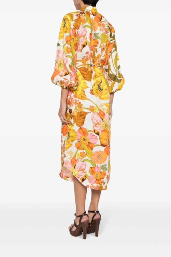 Floral Print Fashion Puff Sleeve Fitted Swing Midi Dress