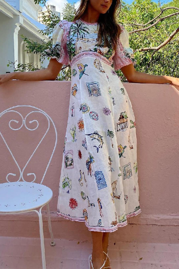 Ethnic Feature Printed Style Round Neck Midi Dress White