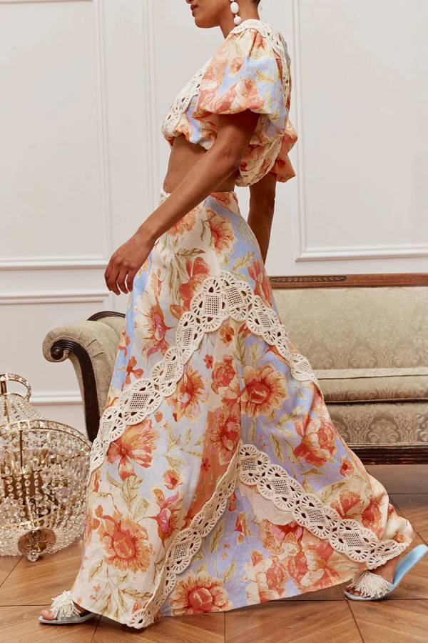 Vintage Floral Linen Crop Top & Lace Trim Maxi Skirt Set