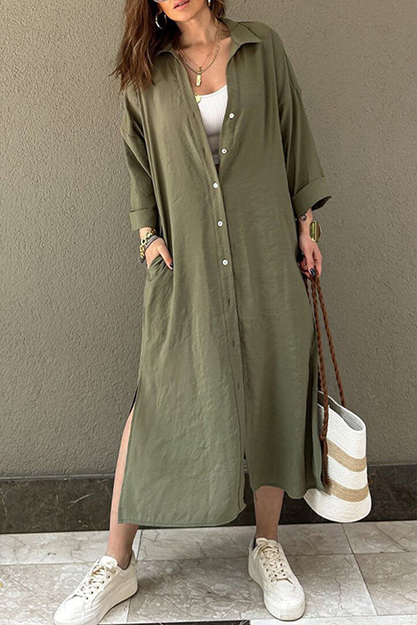 Casual Solid Buckle POLO collar Shirt Dress Dresses Khaki