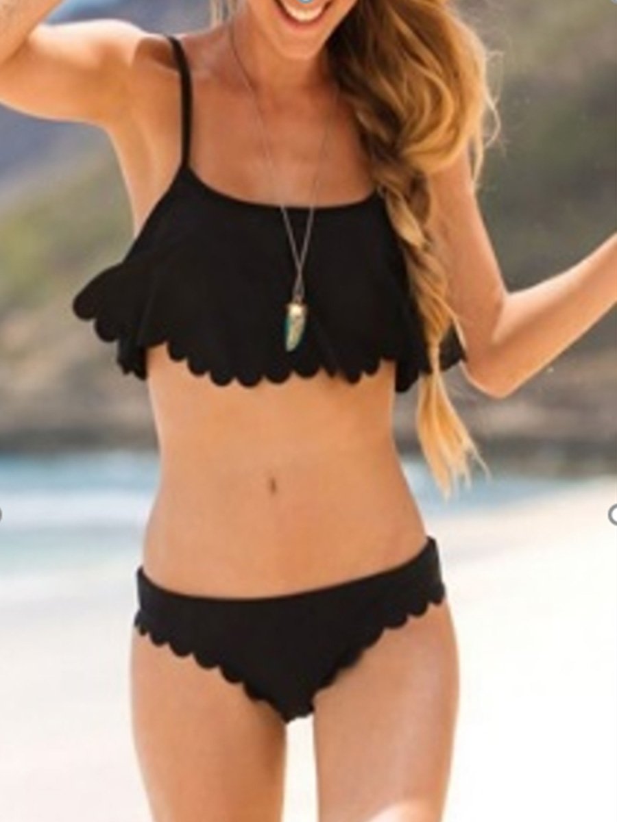 Split plain bikini with lotus leaf lace Black