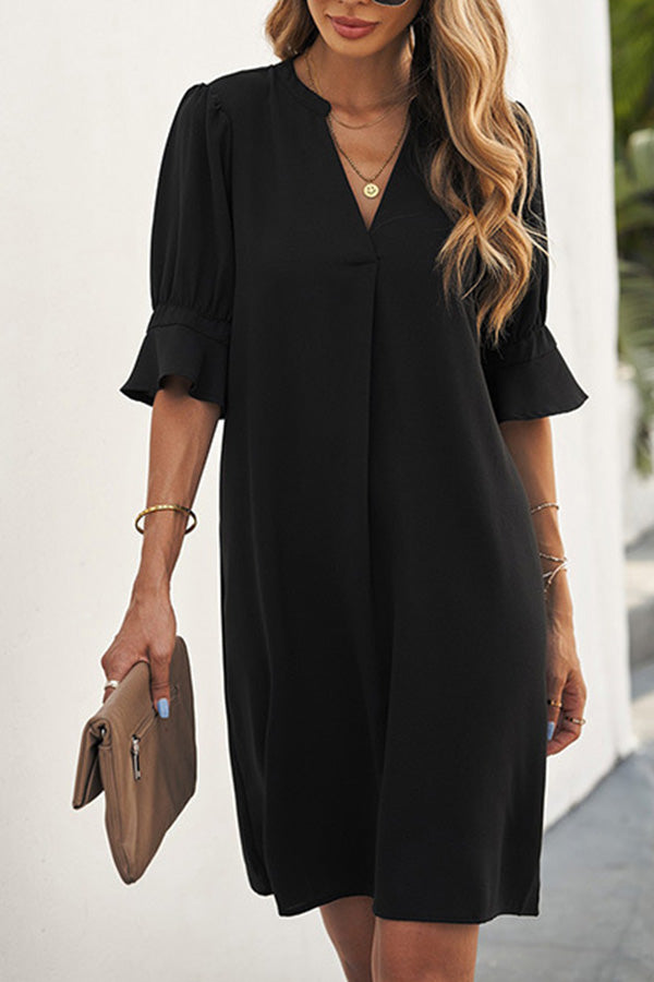 Solid Color Loose Casual V Neck Short Sleeve Knee Length Dress Black