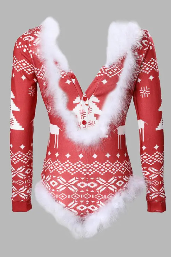 Christmas Print Feather Detail Long Sleeve Romper