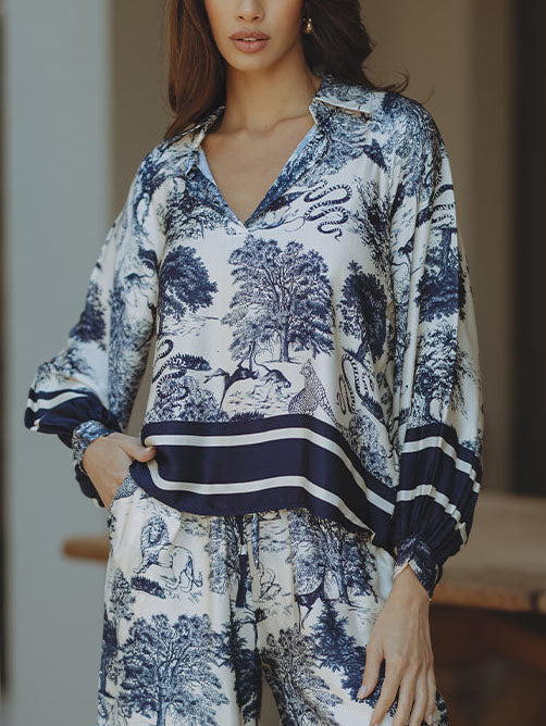 Haut ample à manches longues en satin à imprimé floral jungle