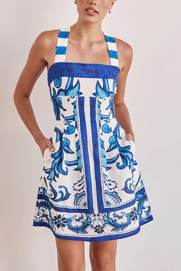 Summer Linen Blend Unique Print Wide Strap Pocket Mini Dress Blue