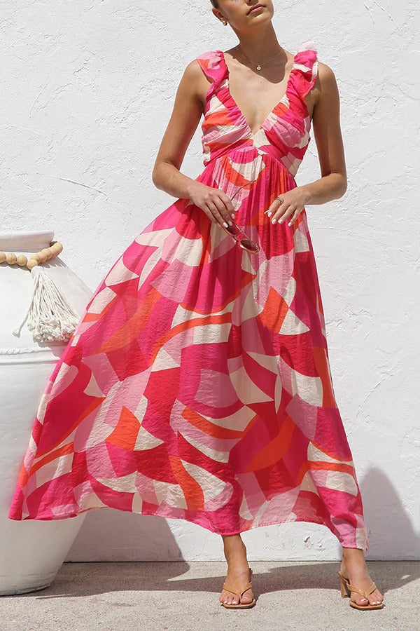 Unique Printed V-neck Ruffled Straps Pleated Back Maxi Dress Pink