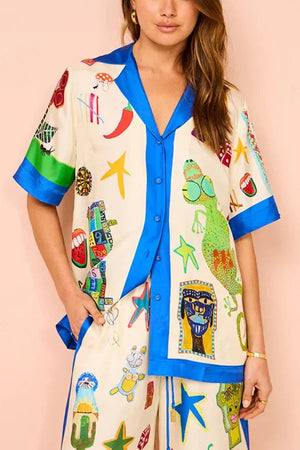 Vibrant Beach Satin Unique Print Colorblock Trim Button Down Oversized Blouse MULTICOLOR