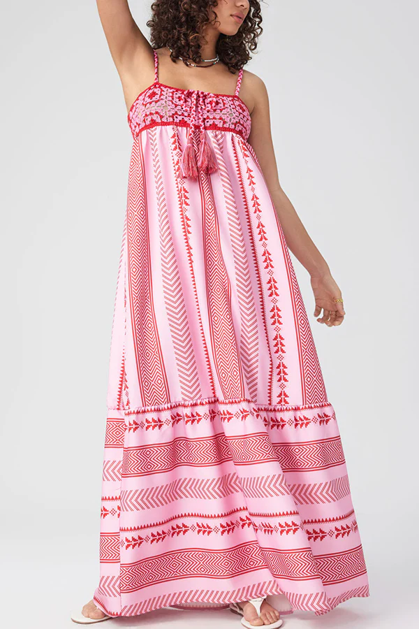 Unique Printed Patchwork Fringed Lace-up Maxi Dress Pink