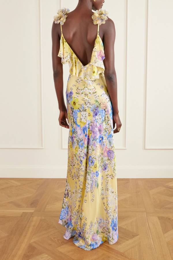 3D Floral Strap Satin Floral Maxi Dress