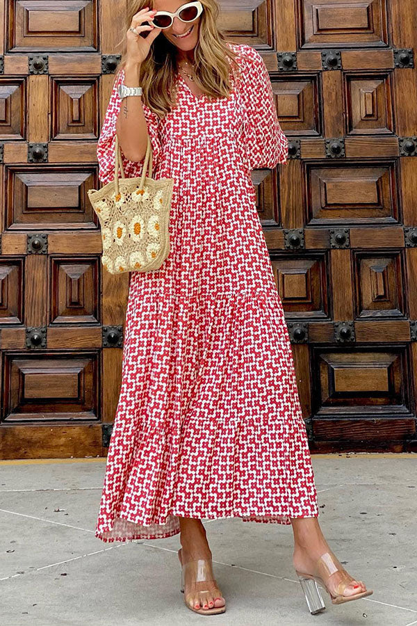 Puff Sleeve Tiered Midi Dress Red