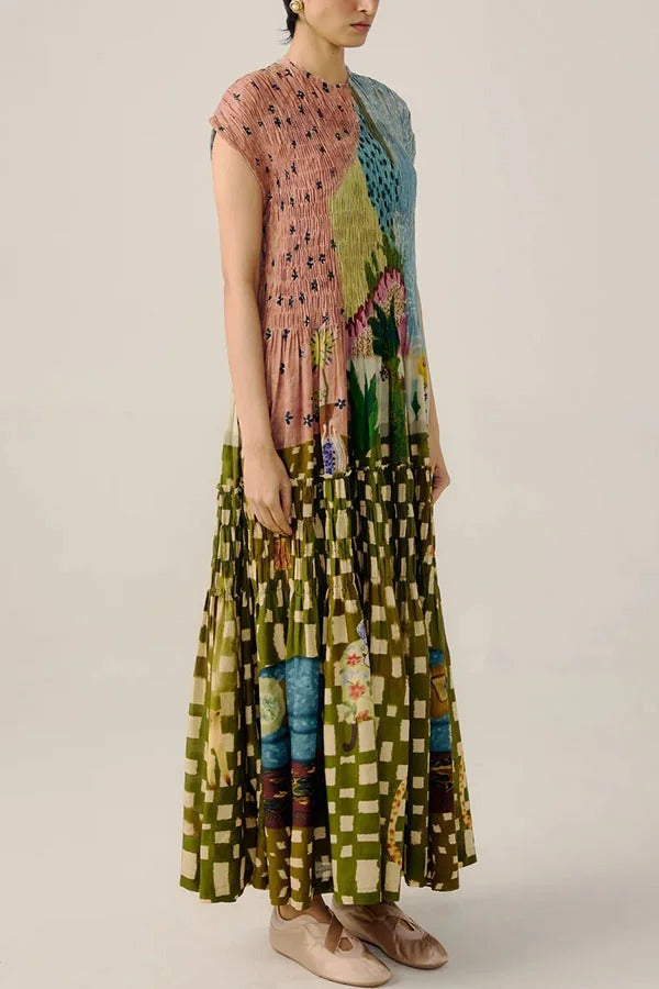 Relaxed and Playful Unique Print Smocked Short Sleeve Flare Maxi Dress