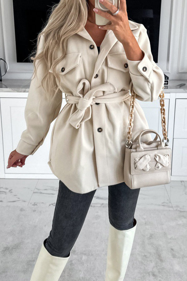 Lhoib Lace Up Solid Pocket Buttoned Long Sleeve Jacket White