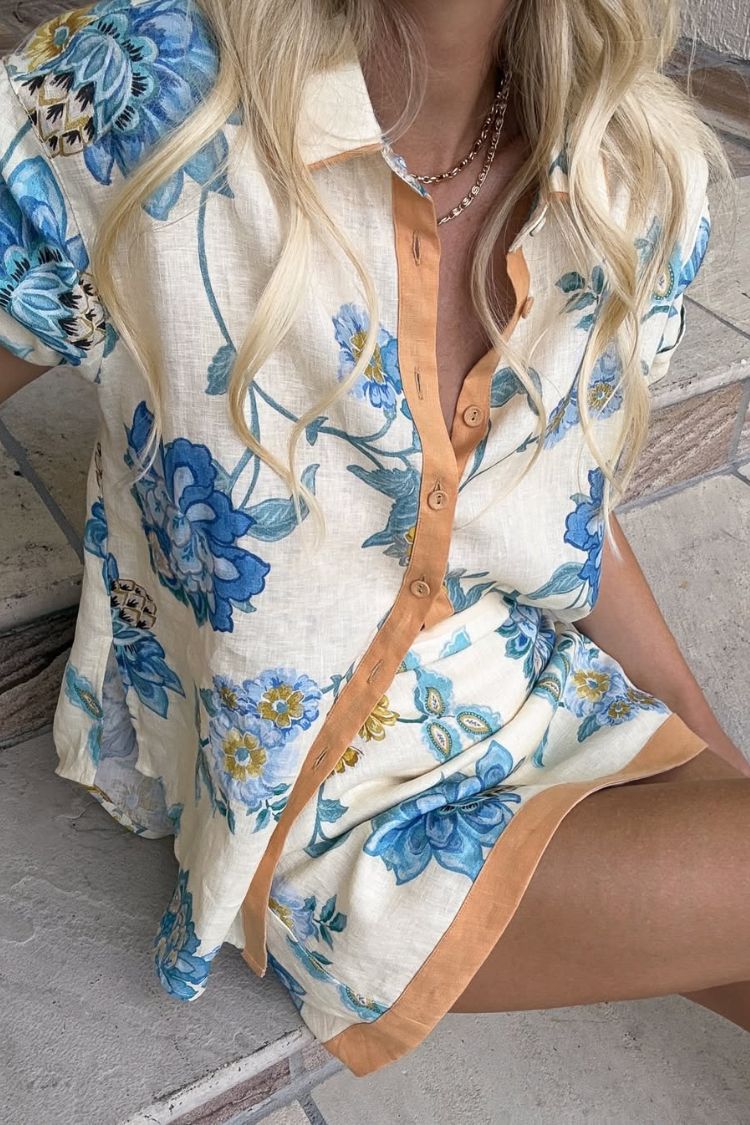 Giselle Linen Blend Floral Print Short Sleeve Shirt and Zipper Mini Skirt Set Blue