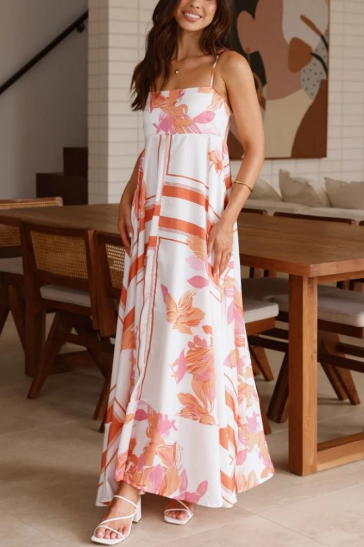 Printed Ruffle Suspender Maxi Dress