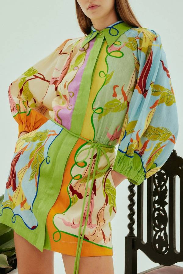 Linen Personalized Fashion Print Lace-up Dress Multicolor