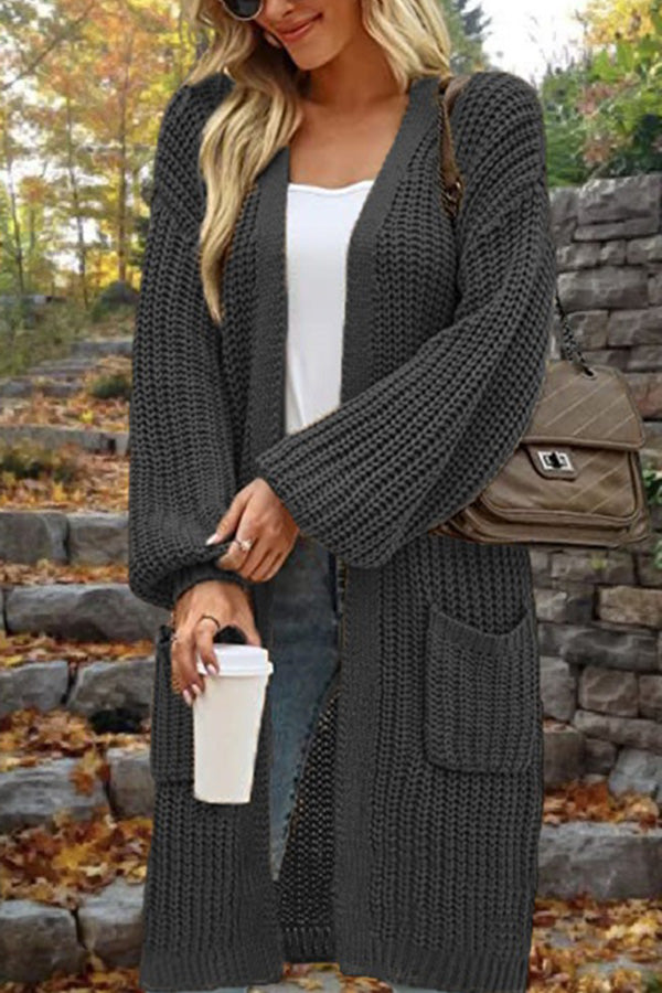 Mid-Length Loose Oversized Double Pocket Cardigan Sweater Jacket Black