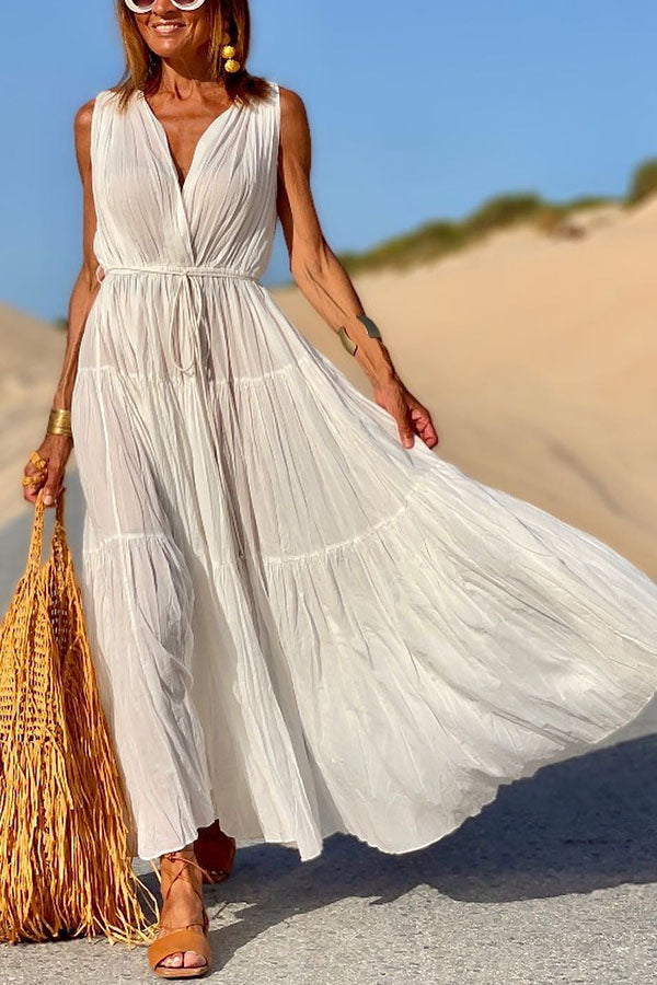 Pleated V-Neck Sleeveless Tie Dress White