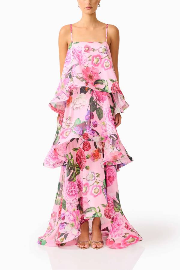 Floral Print Tiered Ruffle Maxi Slip Dress