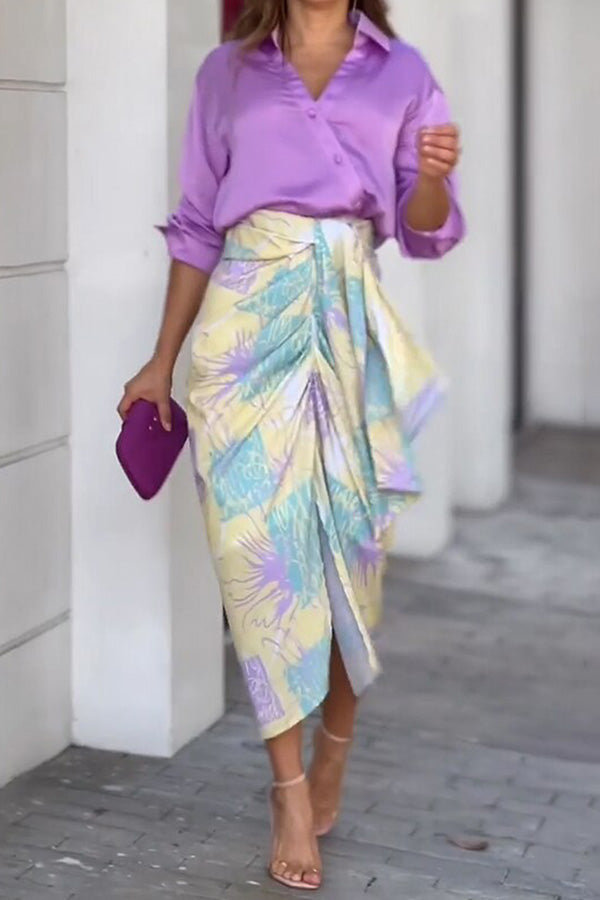 Elegant commuter shirt top pleated skirt suit Purple