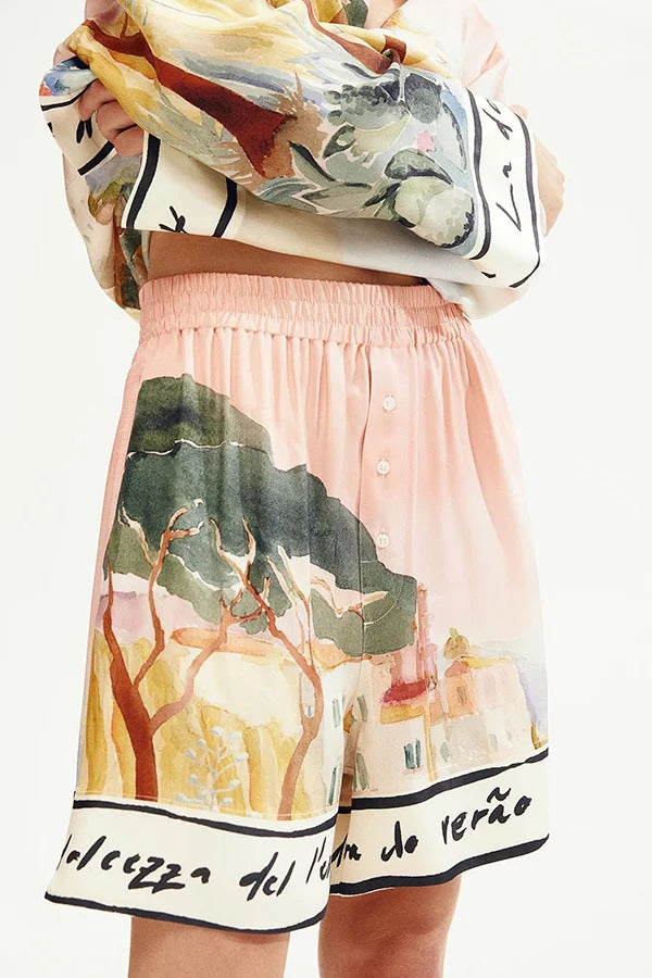 Set mit langärmligem, lockerem Hemd mit einzigartigem Revers und lässigen Shorts mit elastischer Taille und Tasche