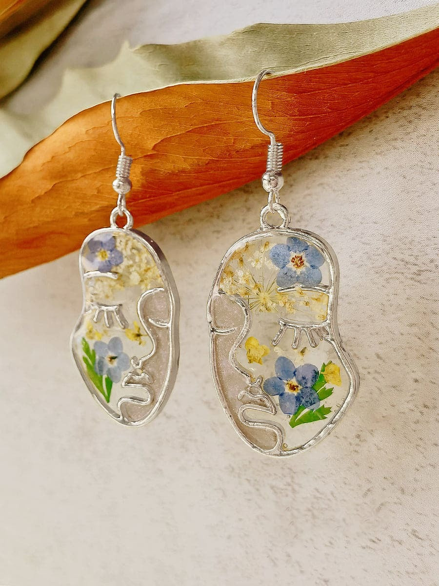 Pressed Flower Earrings -Abstract Face Forget Me Not Flower Silver one size