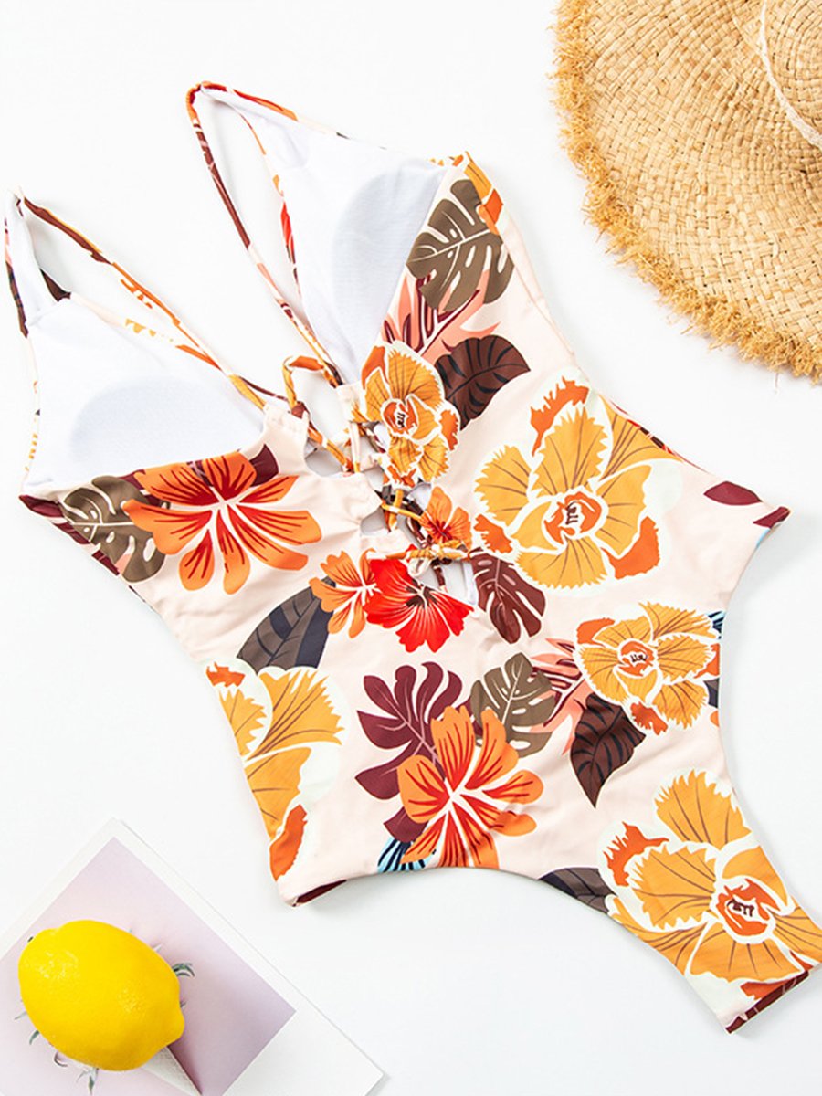 Cutout Flower Print One-piece Swimwear