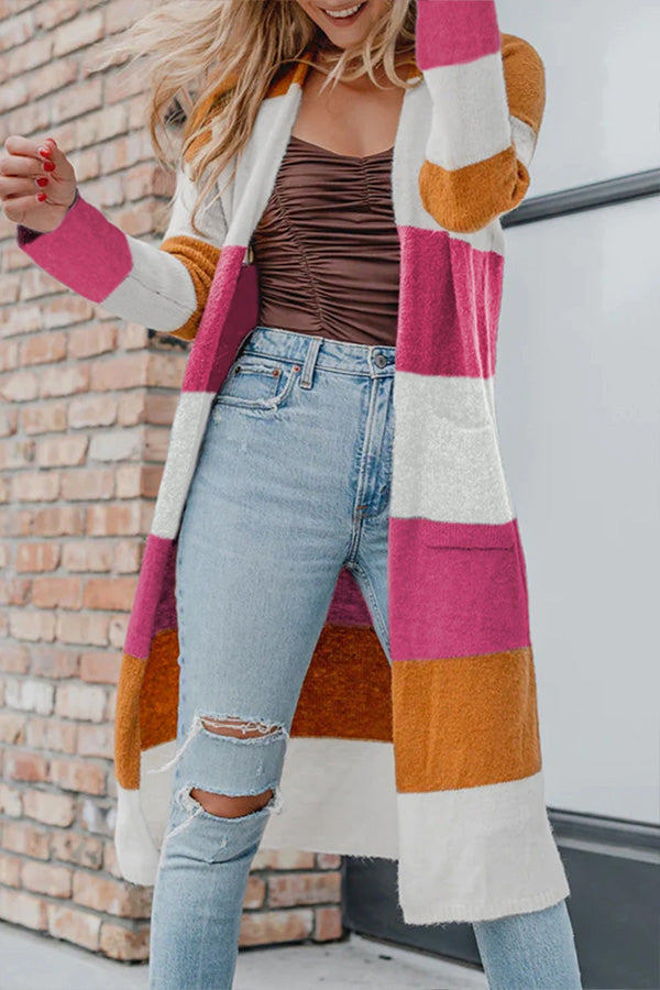 Knitted Color Block Open Front Long Cardigan Pink