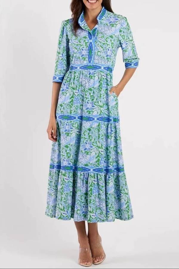 Bohemian Floral Print Stand Collar Elbow‑Sleeve Tiered Maxi Dress