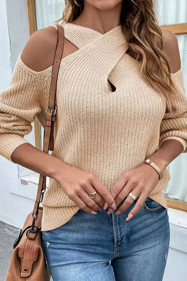 Solid color off-shoulder cross halter neck lantern sleeve sweater Khaki one size