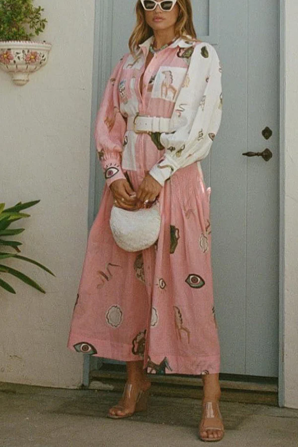 Playful Design Unique Print Balloon Sleeve Pocket Belt Shirt Midi Dress Pink
