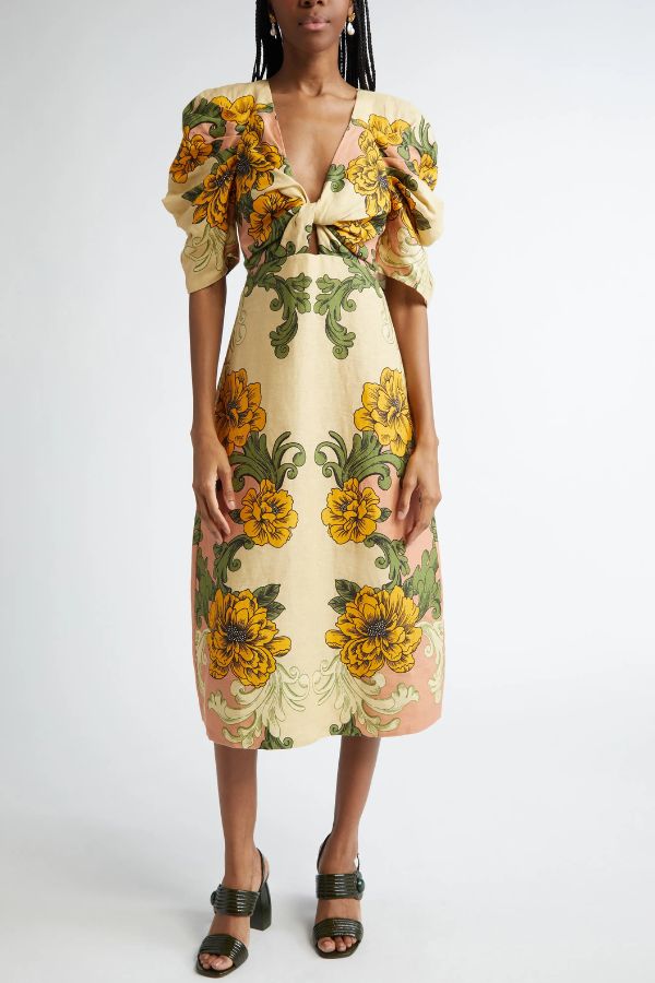 Flower Vine Linen Blend Unique Print Twist Cutout Neck Puff Sleeve Midi Dress Yellow