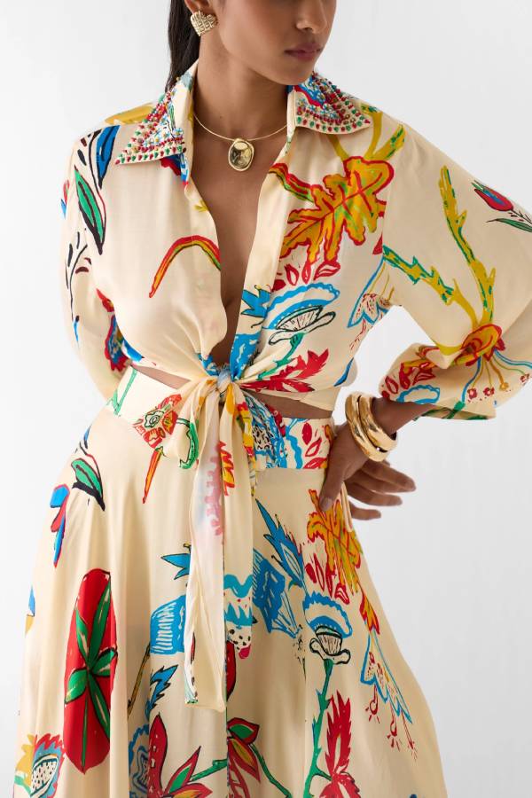 Vacation Tropical Floral Print Waist Tie Shirt & Maxi Skirt Boho Two Piece Set