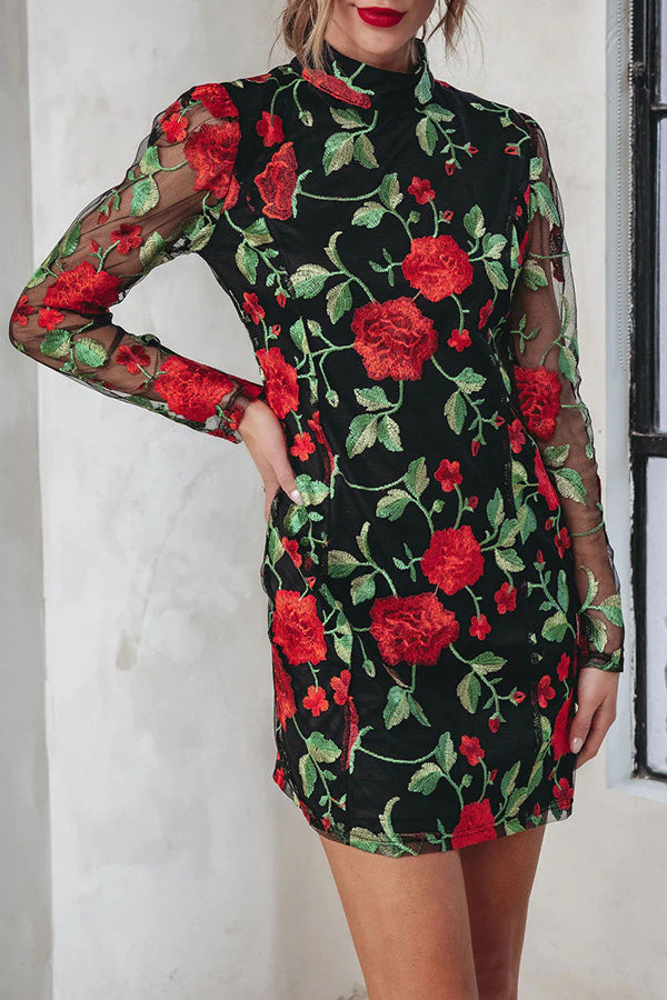 Hello Beautiful Embroidered Floral Mesh Mini Dress Black