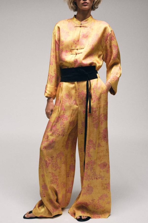 New Chinese Frog‑Button Floral Print Satin Two‑Piece Set