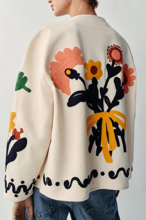 Boho 3D Floral Embroidered Round‑Neck Jacket