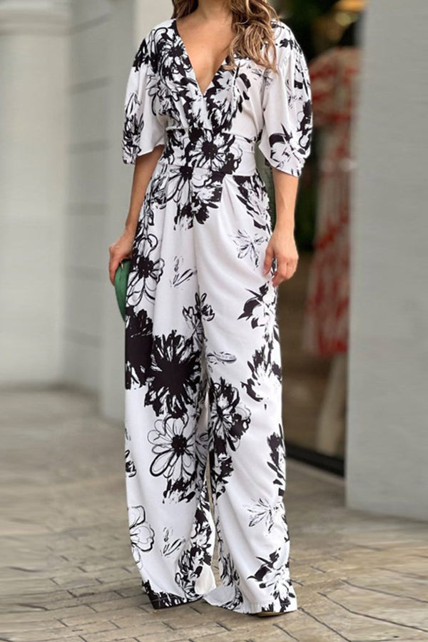 Dolman Sleeved Floral Print Stretch High Rise Maxi Jumpsuit White
