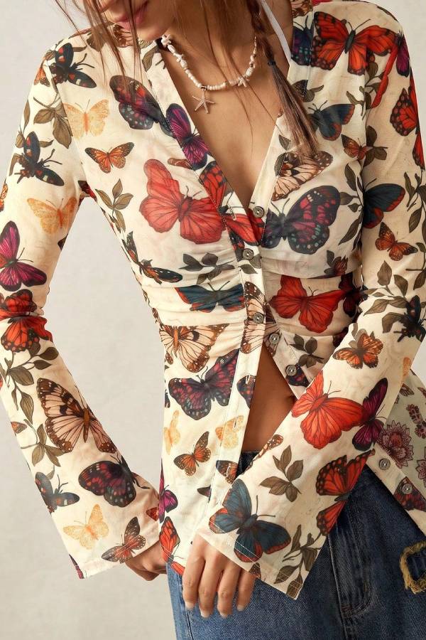 Vintage Butterfly Print V-Neck Button Down Fitted Long Sleeve Top