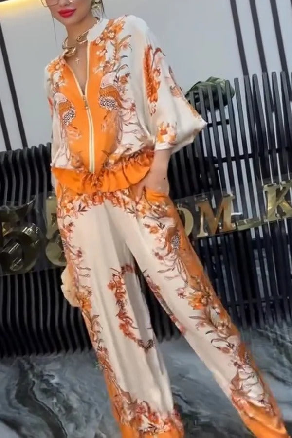 Unique Printed Casual Long-sleeved Loose Top and Elastic Waist Pocket Wide-leg Pants Set