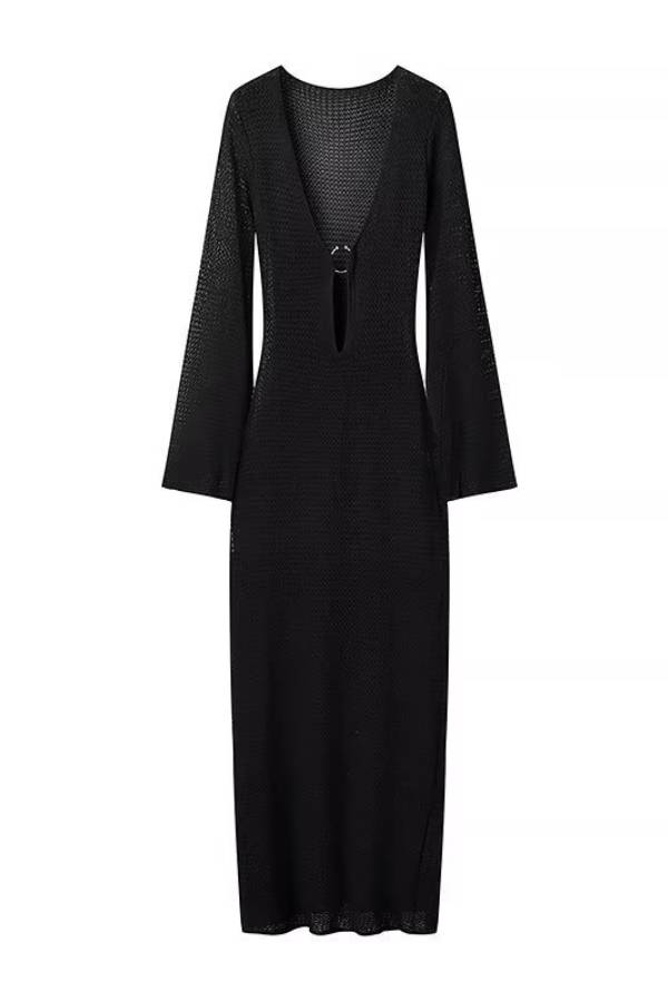 Deep V Metal Ring Cutout Long Sleeve Side Slit Knit Maxi Dress