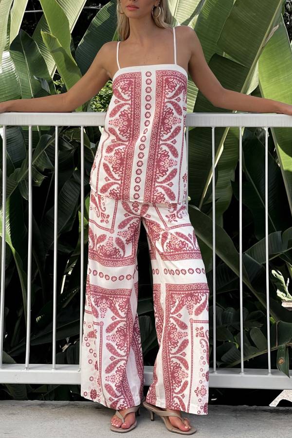 Unique Print Loose Casual Tank Top and Elastic Waist Wide Leg Straight Pants Set