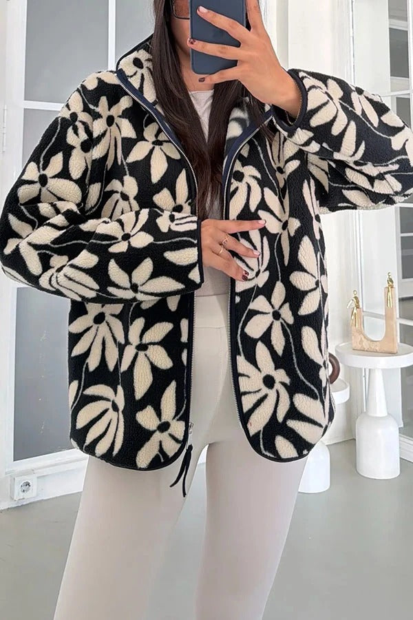 Snow Village Fleece Unique Print Zipper High Neck Long Sleeve Pocket Coat