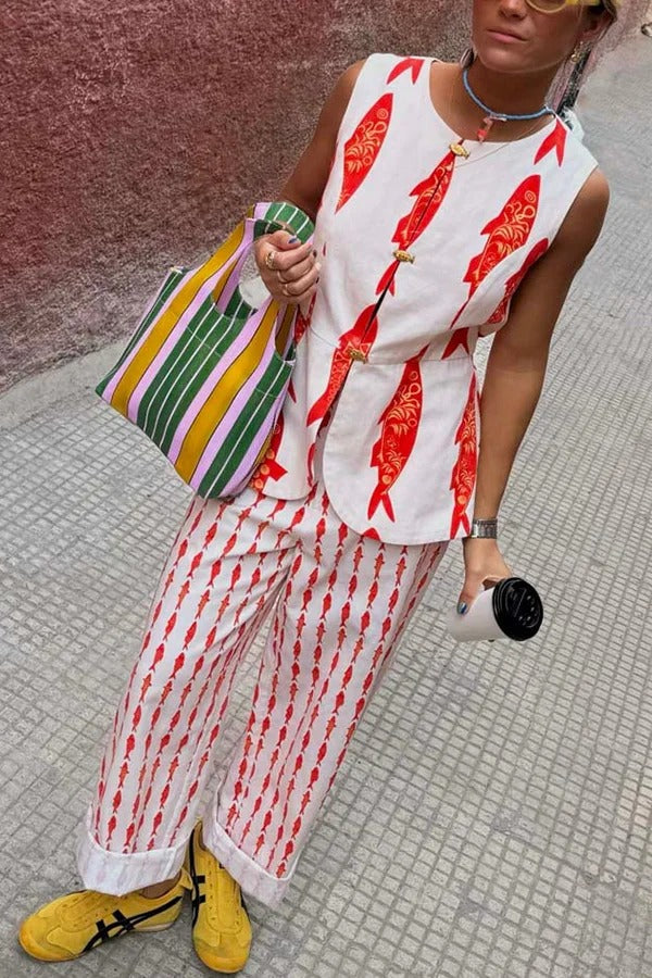 Good Luck Linen Blend Koi Pattern Metal Buttons Waisted Vest