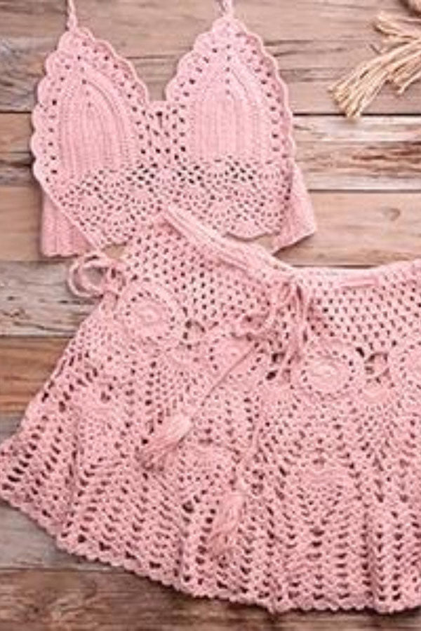 Crochet Two Pieces Swimsuit Pink