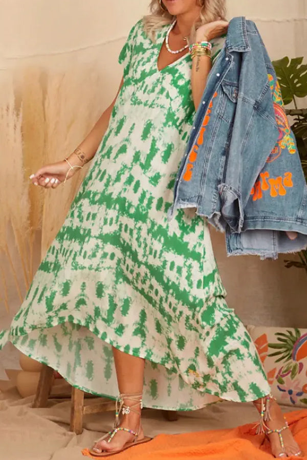 V-neck Tie-dye Printed Big Swing Dress Green