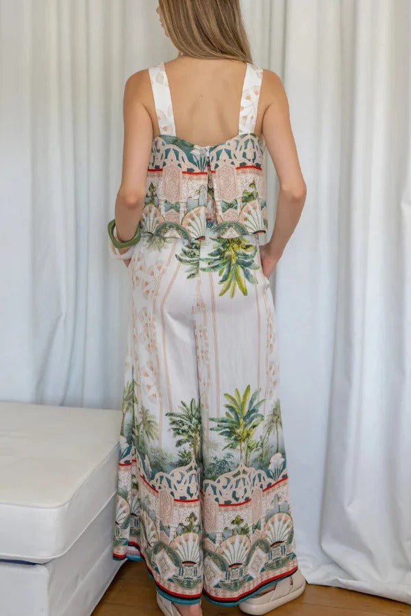 Unique Printed Casual Elastic Waist Pockets Loose Wide-leg Pants